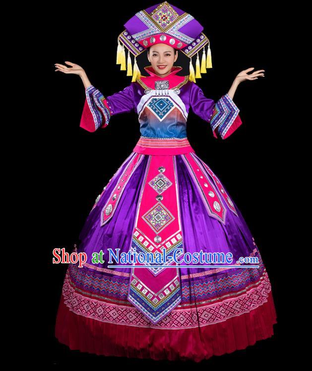 Chinese Traditional Zhuang Nationality Mandarin Sleeve Purple Dress Ethnic Folk Dance Stage Show Liu Sanjie Costume for Women