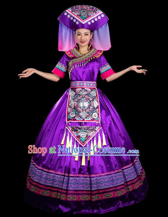 Chinese Traditional Zhuang Nationality Short Sleeve Deep Purple Dress Ethnic Folk Dance Stage Show Liu Sanjie Costume for Women