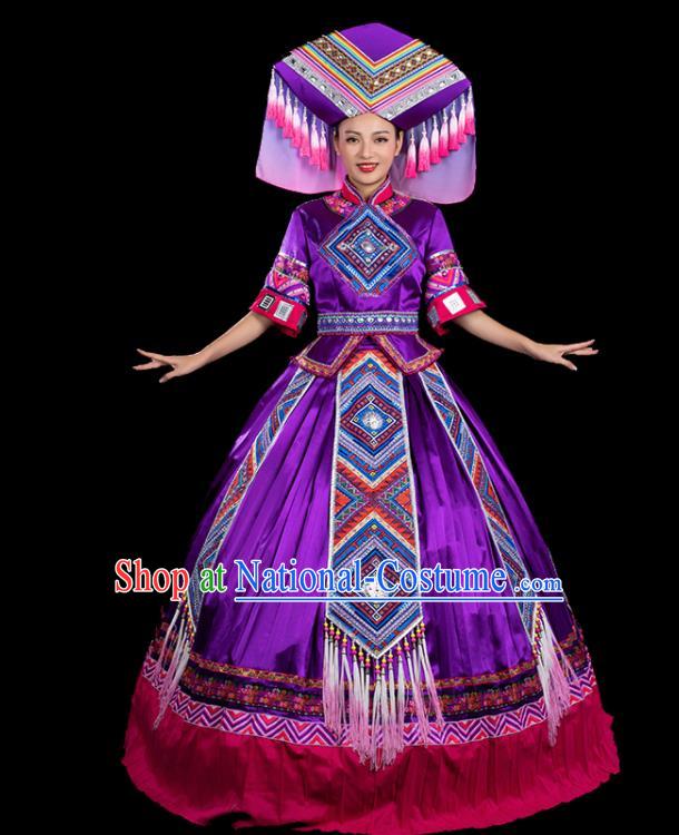 Chinese Traditional Zhuang Nationality Mid Sleeve Deep Purple Dress Ethnic Folk Dance Stage Show Liu Sanjie Costume for Women