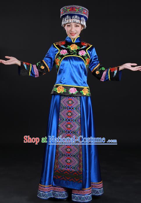 Chinese Traditional Yao Nationality Royalblue Dress Ethnic Folk Dance Stage Show Costume for Women