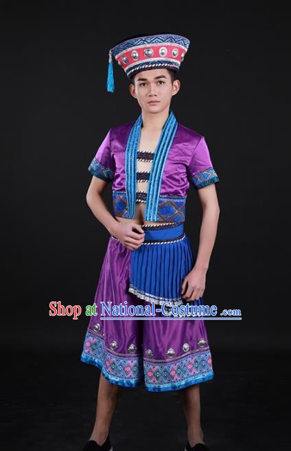 Chinese Traditional Yao Nationality Purple Outfits Ethnic Minority Folk Dance Stage Show Costume for Men