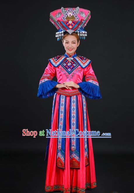 Chinese Traditional Zhuang Nationality Rosy Dress Ethnic Folk Dance Stage Show Costume for Women