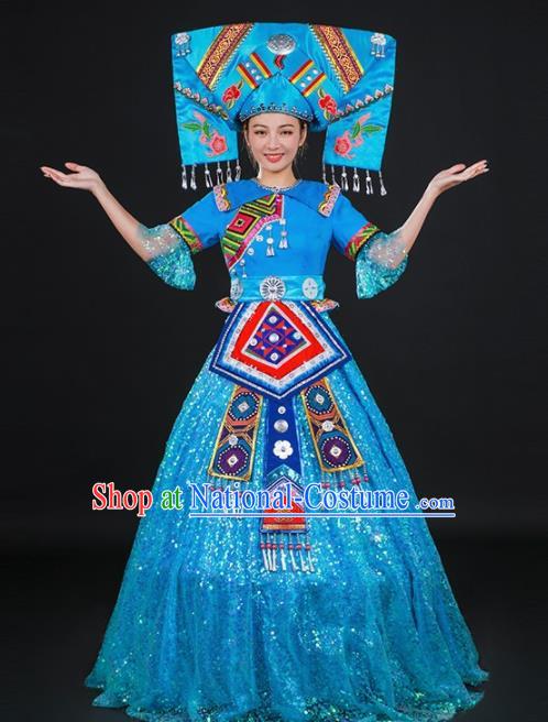 Chinese Traditional Zhuang Nationality Light Blue Dress Ethnic Folk Dance Stage Show Costume for Women