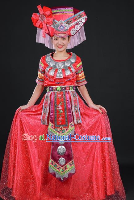 Chinese Traditional Zhuang Nationality Red Dress Ethnic Folk Dance Stage Show Costume for Women