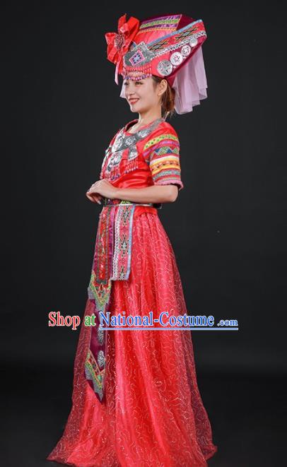 Chinese Traditional Zhuang Nationality Red Dress Ethnic Folk Dance Stage Show Costume for Women