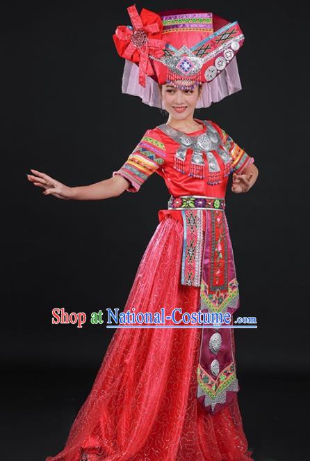 Chinese Traditional Zhuang Nationality Red Dress Ethnic Folk Dance Stage Show Costume for Women