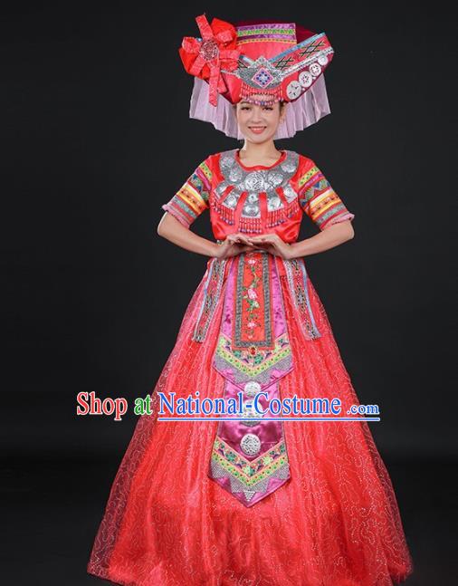 Chinese Traditional Zhuang Nationality Red Dress Ethnic Folk Dance Stage Show Costume for Women