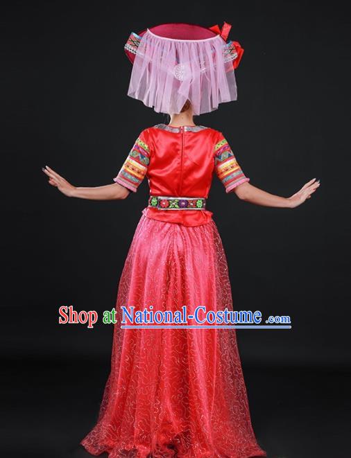 Chinese Traditional Zhuang Nationality Red Dress Ethnic Folk Dance Stage Show Costume for Women