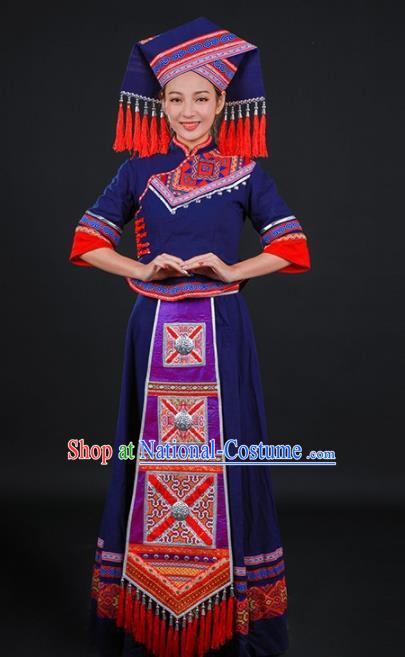 Chinese Traditional Zhuang Nationality Navy Dress Ethnic Folk Dance Stage Show Costume for Women