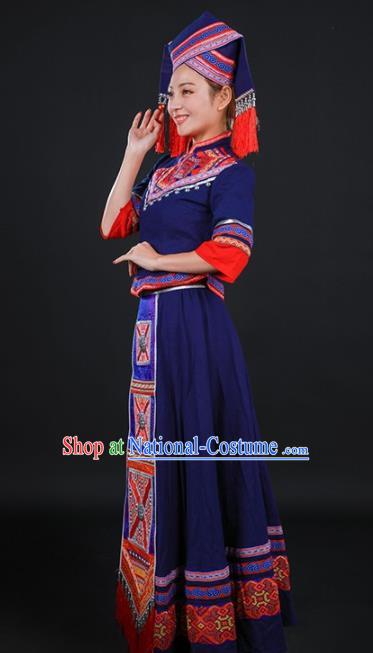 Chinese Traditional Zhuang Nationality Navy Dress Ethnic Folk Dance Stage Show Costume for Women