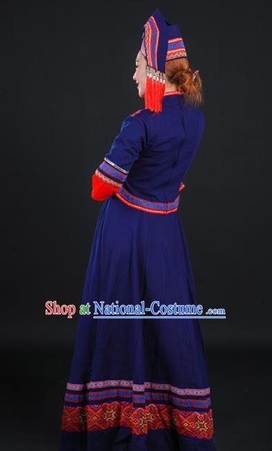 Chinese Traditional Zhuang Nationality Navy Dress Ethnic Folk Dance Stage Show Costume for Women