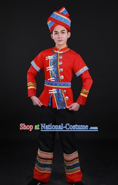 Chinese Traditional Zhuang Nationality Red Outfits Ethnic Minority Folk Dance Stage Show Costume for Men