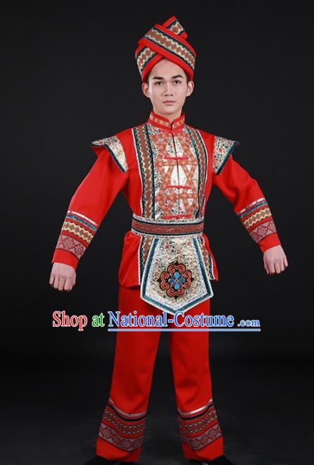 Chinese Traditional Zhuang Nationality Festival Red Outfits Ethnic Minority Folk Dance Stage Show Costume for Men