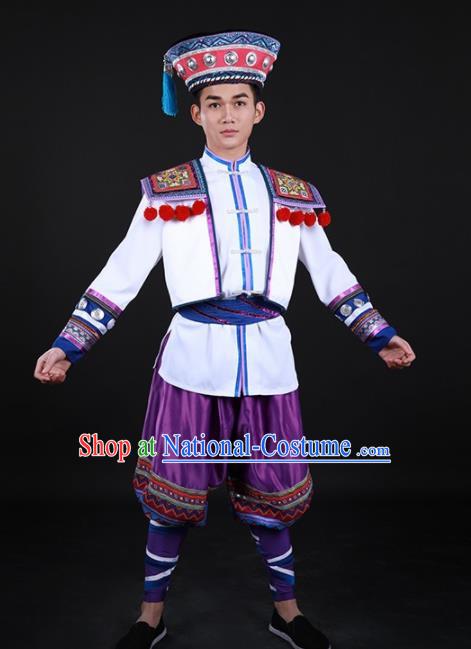 Chinese Traditional Yao Nationality Festival Purple Outfits Ethnic Minority Folk Dance Stage Show Costume for Men