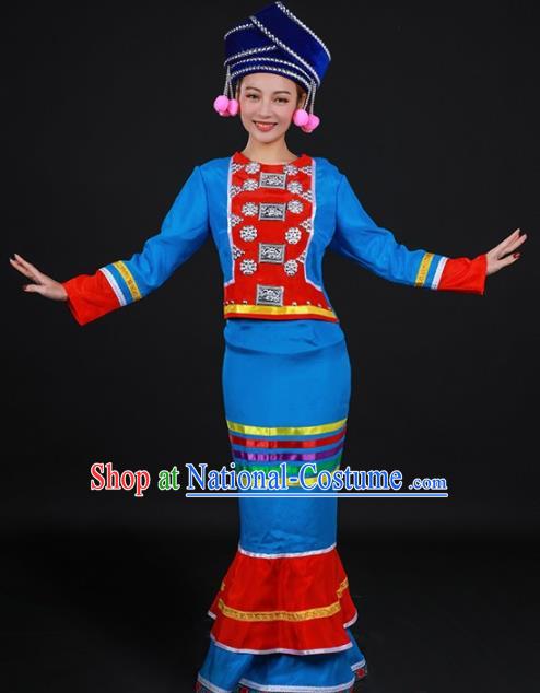 Chinese Traditional Deang Nationality Sky Blue Dress Ethnic Folk Dance Stage Show Costume for Women