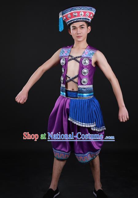 Chinese Traditional Yao Nationality Festival Purple Outfits Ethnic Minority Folk Dance Stage Show Costume for Men