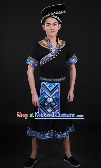 Chinese Traditional Zhuang Nationality Festival Black Outfits Ethnic Minority Folk Dance Stage Show Costume for Men