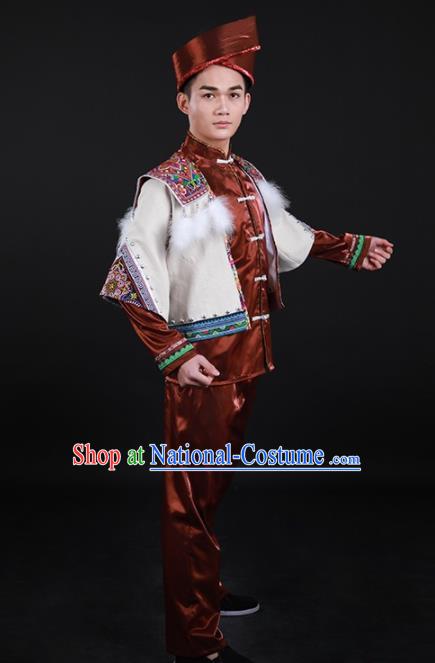 Chinese Traditional Miao Nationality Festival Brown Outfits Ethnic Minority Folk Dance Stage Show Costume for Men