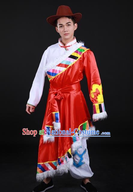 Chinese Traditional Yugu Nationality Festival Red Outfits Ethnic Minority Folk Dance Stage Show Costume for Men