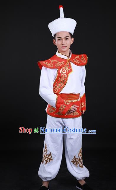 Chinese Traditional Ewenki Nationality Festival White Outfits Ethnic Minority Folk Dance Stage Show Costume for Men