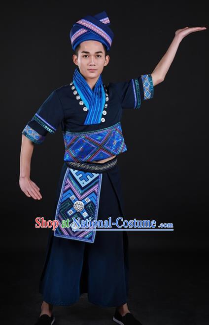 Chinese Traditional Zhuang Nationality Festival Navy Outfits Ethnic Minority Folk Dance Stage Show Costume for Men