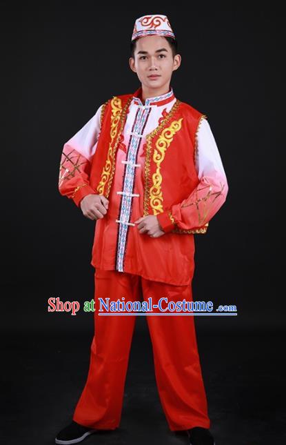 Chinese Traditional Hui Nationality Festival Red Outfits Ethnic Minority Folk Dance Stage Show Costume for Men