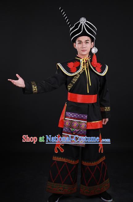 Chinese Traditional Yi Nationality Festival Black Outfits Ethnic Minority Folk Dance Stage Show Costume for Men