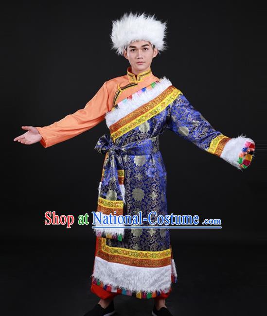 Chinese Traditional Zang Nationality Festival Royalblue Outfits Ethnic Minority Folk Dance Stage Show Costume for Men