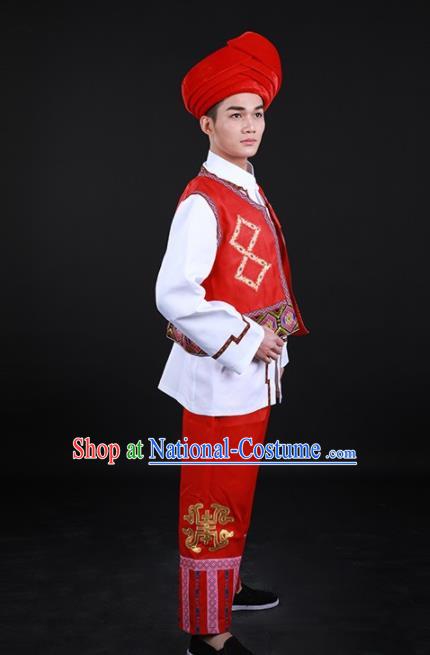 Chinese Traditional Li Nationality Festival Red Outfits Ethnic Minority Folk Dance Stage Show Costume for Men