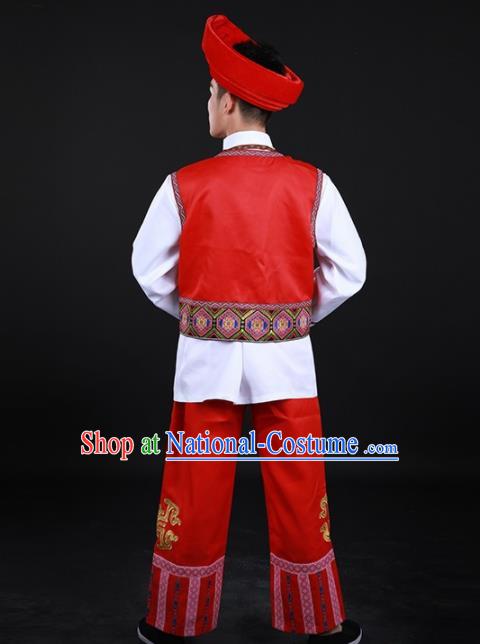 Chinese Traditional Li Nationality Festival Red Outfits Ethnic Minority Folk Dance Stage Show Costume for Men