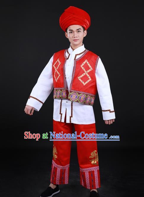 Chinese Traditional Li Nationality Festival Red Outfits Ethnic Minority Folk Dance Stage Show Costume for Men