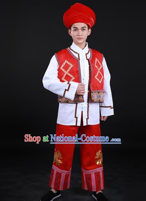 Chinese Traditional Li Nationality Festival Red Outfits Ethnic Minority Folk Dance Stage Show Costume for Men