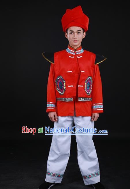 Chinese Traditional Buyei Nationality Festival Red Outfits Ethnic Minority Folk Dance Stage Show Costume for Men