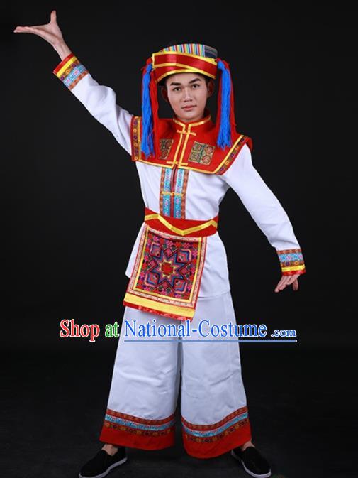 Chinese Traditional Hani Nationality Festival White Outfits Ethnic Minority Folk Dance Stage Show Costume for Men