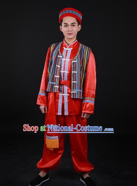 Chinese Traditional Nu Nationality Festival Red Outfits Ethnic Minority Folk Dance Stage Show Costume for Men