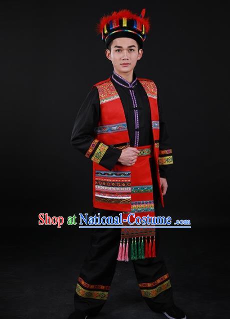 Chinese Traditional Yao Nationality Festival Black Outfits Ethnic Minority Folk Dance Stage Show Costume for Men