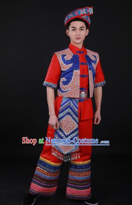 Chinese Traditional Zhuang Nationality Festival Red Outfits Ethnic Minority Folk Dance Stage Show Costume for Men