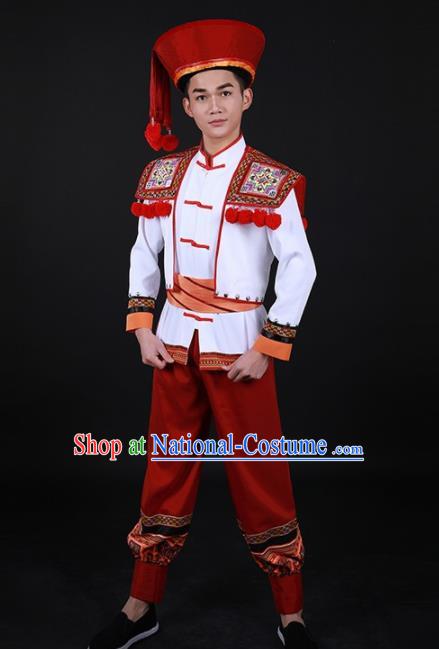 Chinese Traditional Yao Nationality Festival Red Outfits Ethnic Minority Folk Dance Stage Show Costume for Men