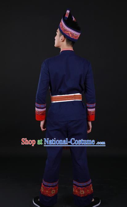 Chinese Traditional Zhuang Nationality Festival Navy Outfits Ethnic Minority Folk Dance Stage Show Costume for Men