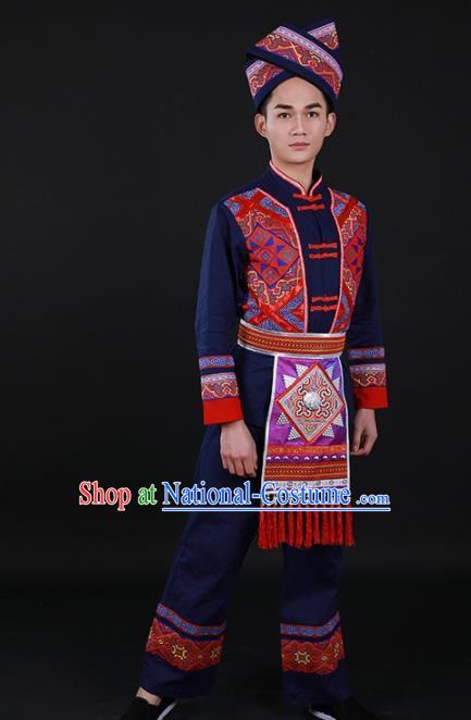 Chinese Traditional Zhuang Nationality Festival Navy Outfits Ethnic Minority Folk Dance Stage Show Costume for Men