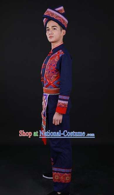 Chinese Traditional Zhuang Nationality Festival Navy Outfits Ethnic Minority Folk Dance Stage Show Costume for Men