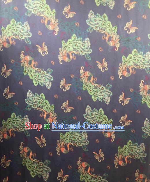 Asian Chinese Traditional Peacock Pattern Design Navy Gambiered Guangdong Gauze Fabric Silk Material