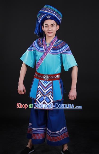 Chinese Traditional Yao Nationality Blue Outfits Ethnic Minority Folk Dance Stage Show Costume for Men