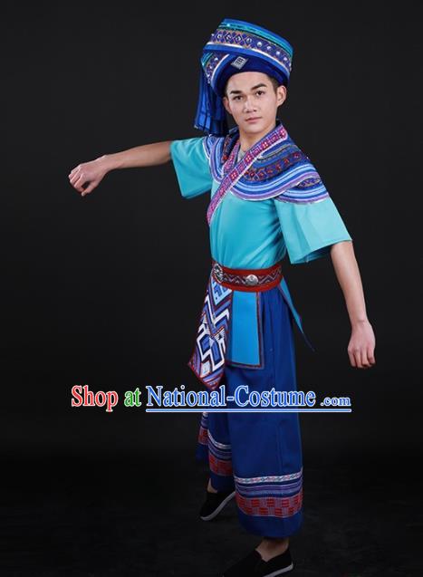 Chinese Traditional Yao Nationality Blue Outfits Ethnic Minority Folk Dance Stage Show Costume for Men