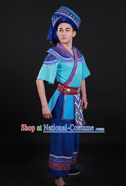 Chinese Traditional Yao Nationality Blue Outfits Ethnic Minority Folk Dance Stage Show Costume for Men