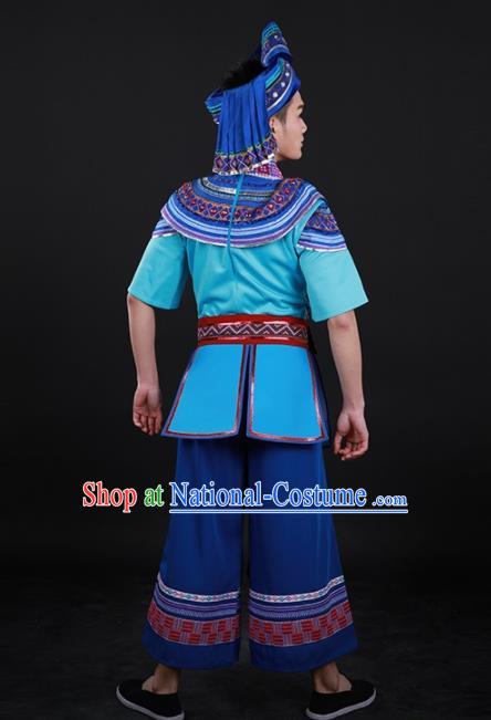 Chinese Traditional Yao Nationality Blue Outfits Ethnic Minority Folk Dance Stage Show Costume for Men