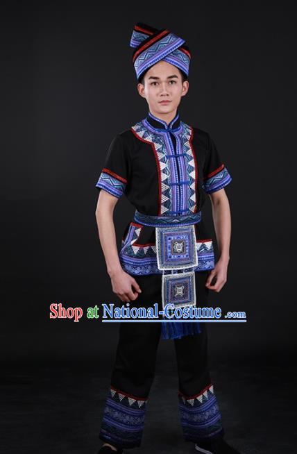 Chinese Traditional Zhuang Nationality Black Outfits Ethnic Minority Folk Dance Stage Show Costume for Men