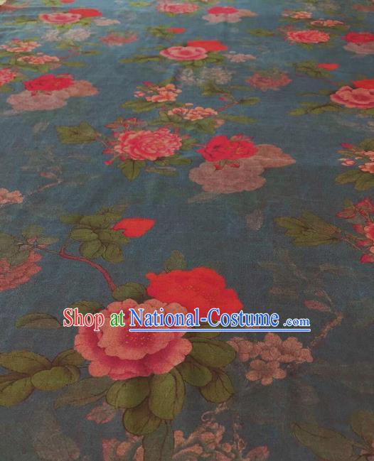 Asian Chinese Traditional Peony Pattern Design Peacock Blue Gambiered Guangdong Gauze Fabric Silk Material