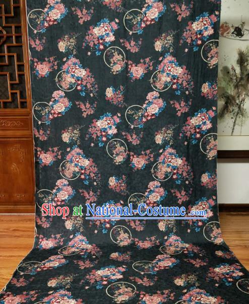 Asian Chinese Traditional Peony Plum Pattern Design Navy Gambiered Guangdong Gauze Fabric Silk Material