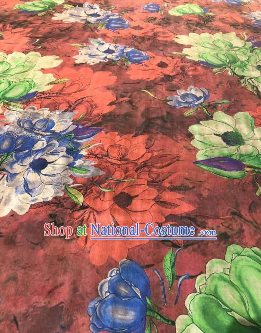 Asian Chinese Classical Flowers Pattern Design Red Gambiered Guangdong Gauze Fabric Traditional Silk Material